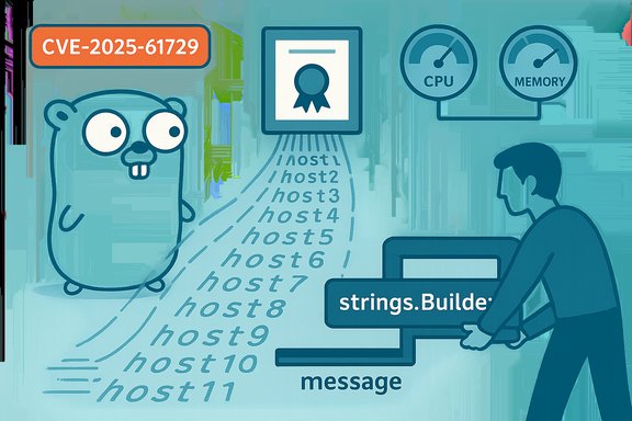 Cartoon illustrating CVE-2025-61729 exploit spreading across hosts via strings.Build.