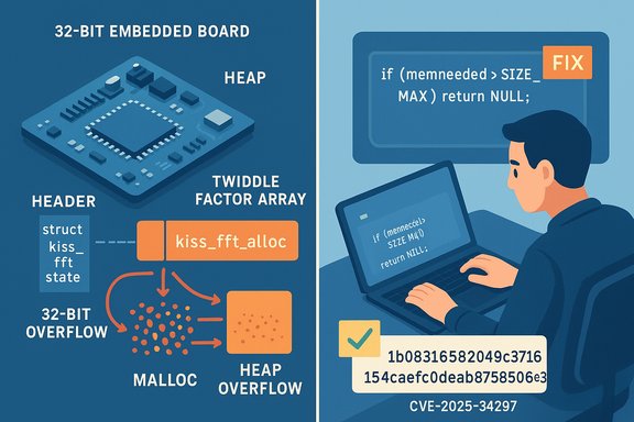 A split infographic: memory-alloc flow on the left and code fix for CVE-2025-34297 on the right.