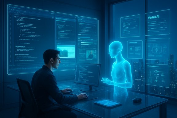 Programmer works with a holographic AI assistant amid multiple coding screens.