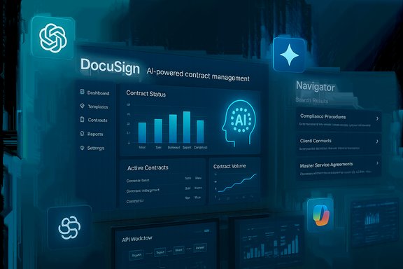 A futuristic DocuSign AI-powered contract management dashboard featuring graphs and icons.