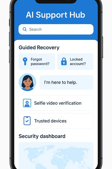Mobile UI for AI Support Hub featuring search and guided recovery options.