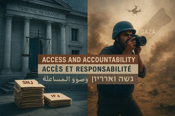 Split image: a courthouse on the left and a photographer amid smoke on the right, with a banner reading 'Access and Accountability.'