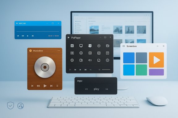 Multiple floating media player windows hover above a clean desk setup.
