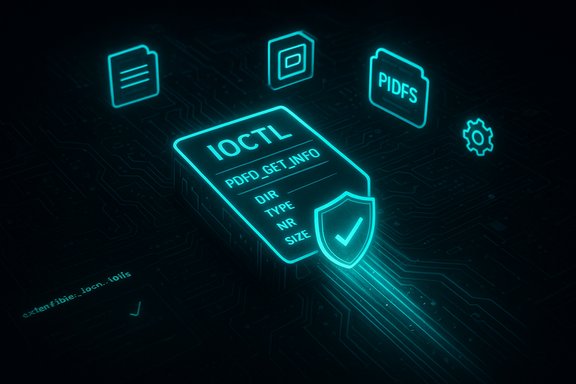 Neon blue circuit board with a glowing IOCTL module and a security shield.
