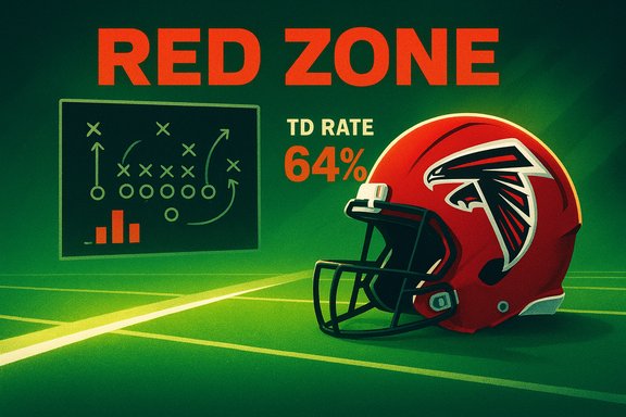 Red Zone football infographic: Falcons helmet beside a play diagram and a 64% TD rate. Red Zone football infographic: Falcons helmet beside a play diagram and a 64% TD rate.