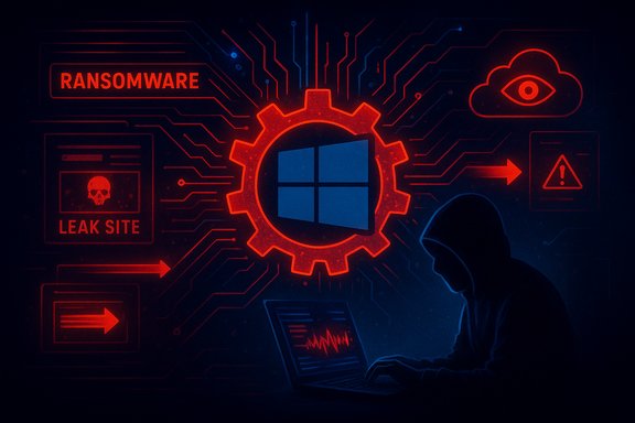 Hooded hacker at a laptop amid red ransomware graphics circling a Windows gear.