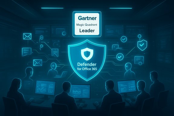 Blue neon security operations center with Defender for Office 365 shield and Gartner Leader badge.