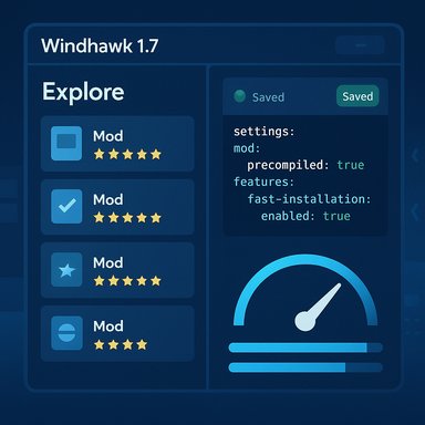 Windhawk 1.7 UI: left panel lists mods, right panel shows saved settings.