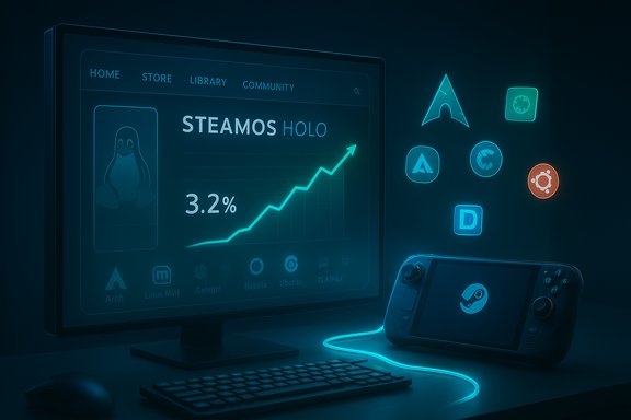 Futuristic desk with a glowing monitor showing STEAMOS HOLO and a rising 3.2% graph beside a Steam Deck.