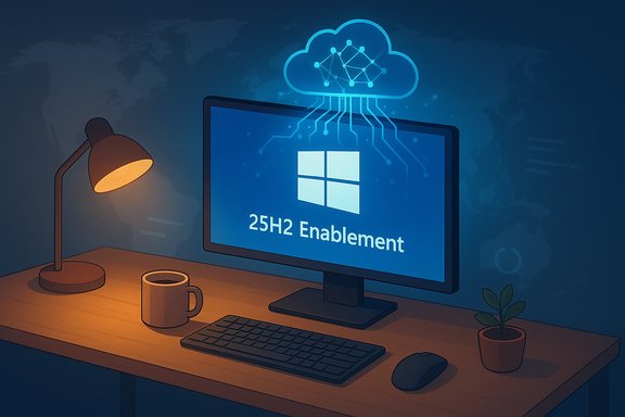 Desk setup with a monitor showing Windows 25H2 Enablement and a glowing cloud circuit.