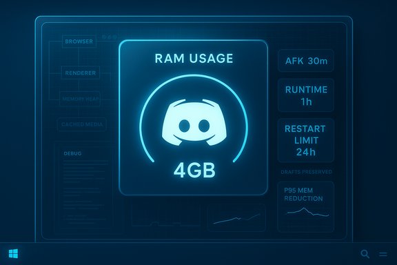Neon blue HUD showing RAM usage at 4GB with the Discord logo.