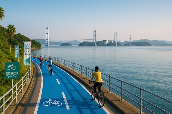 Cyclists ride a blue oceanfront bike path with a distant bridge and islands.