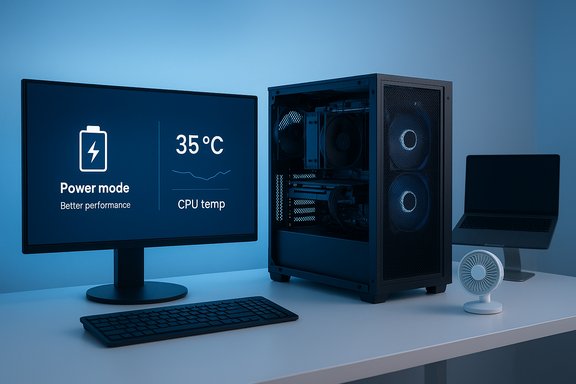 Blue-tinted desk setup with a PC tower, monitor showing power mode and CPU temp, keyboard, and laptop.
