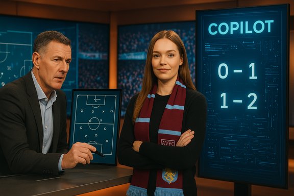 Two analysts discuss football tactics on a high-tech studio set with a COPILOT scoreboard.