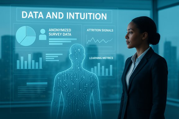 A businesswoman analyzes a holographic data dashboard titled 'Data and Intuition'.