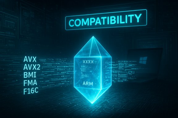 A neon blue holographic display showing ARM compatibility with x86 instruction sets.