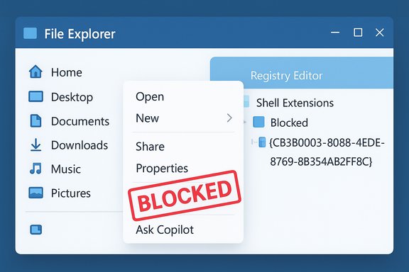 Windows-style File Explorer UI with a large BLOCKED stamp over the context menu.