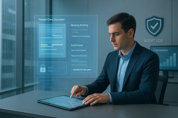 Businessman in a suit uses a tablet with a holographic document interface in a modern office.