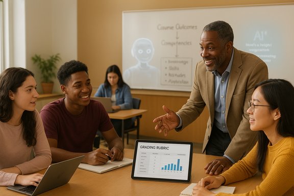An instructor explains a grading rubric to students gathered around a table.