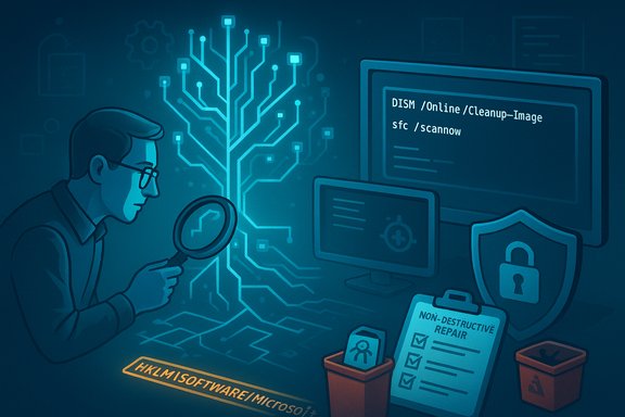 An analyst examines a glowing circuit tree with a magnifying glass amid code screens and security icons.