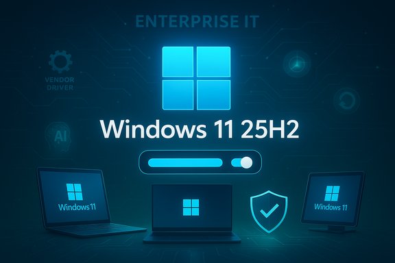Enterprise IT showcase: Windows 11 25H2 with glowing logo and laptops.
