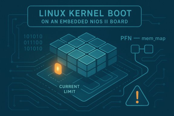 Stylized tech infographic of Linux kernel boot on an embedded board with a glowing current-limit indicator near a cube.