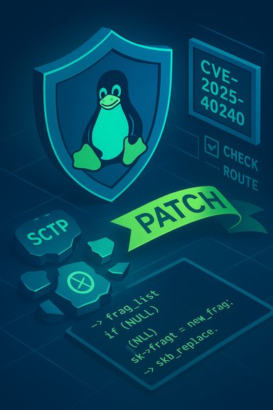 Linux penguin shield guarding a CVE patch for a network fragmentation vulnerability.