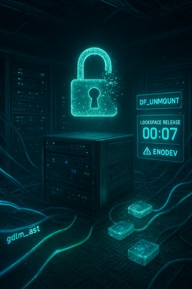 A neon holographic padlock floats above a server rack in a dark data center.