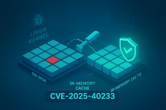 Linux kernel CVE-2025-40233 vulnerability shown across on-disk and in-memory caches.