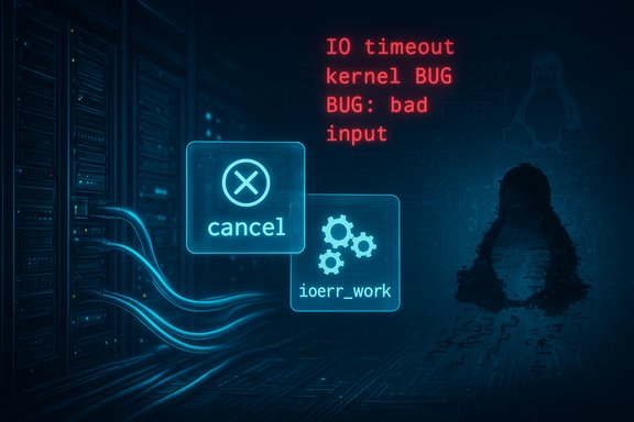 Blue holographic 'cancel' and 'ioerr_work' icons float above server racks as a red IO timeout kernel bug message. Blue holographic 'cancel' and 'ioerr_work' icons float above server racks as a red IO timeout kernel bug message.