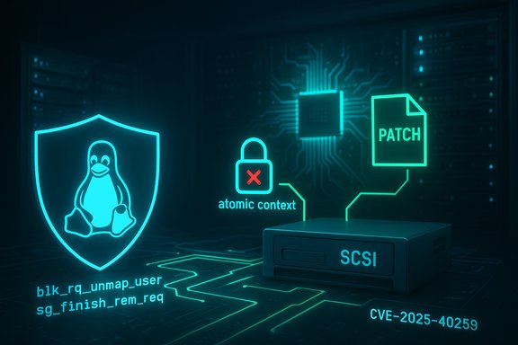 Futuristic data center security scene: Linux penguin shield, lock, patch file, and SCSI drive.