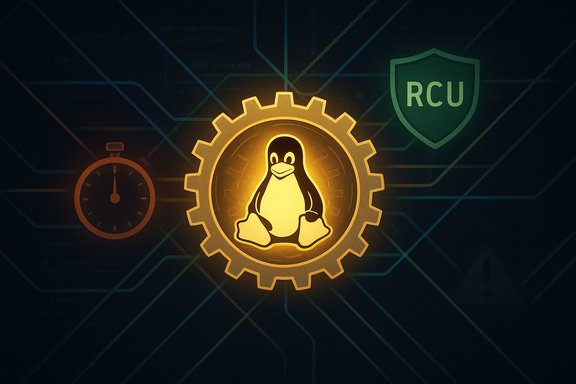 Glowing Linux penguin inside a gear against a circuit-board backdrop with an RCU shield.