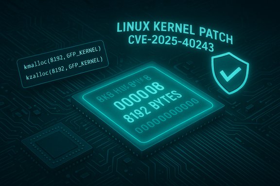 Glowing microchip on a circuit board, labeled Linux Kernel Patch CVE-2025-40243.