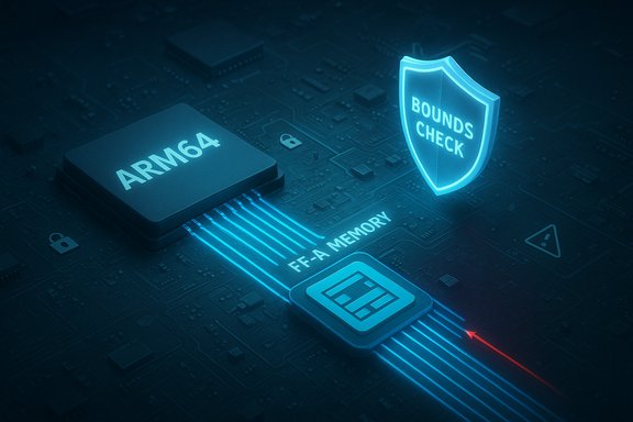 ARM64 processor linked to memory under a glowing 'Bounds Check' shield on a circuit board.