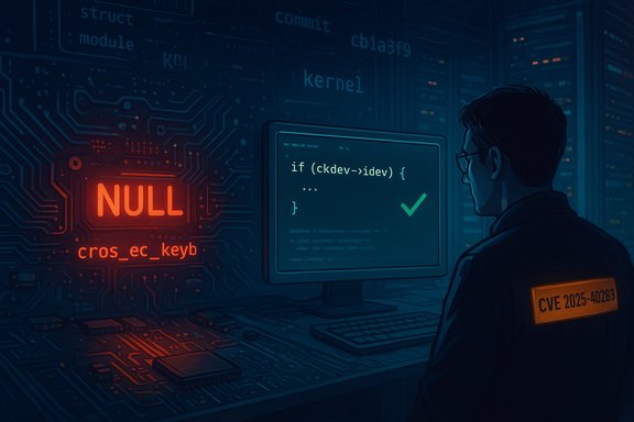 A coder in a server room analyzes code on a monitor as a glowing NULL error lights the circuit board.