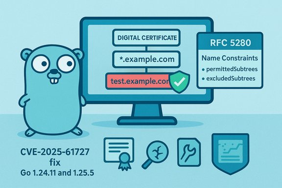 Cartoon hamster presents a digital certificate UI showing RFC 5280 name constraints and CVE-2025-61727 Go fix.