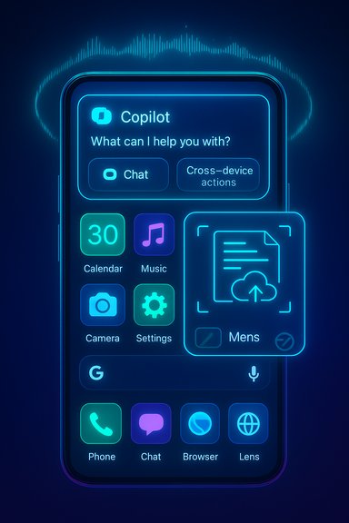 Neon blue futuristic smartphone UI with Copilot chat and glowing apps.
