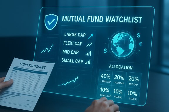 Futuristic dashboard displays a mutual fund watchlist with allocations and a fund factsheet.