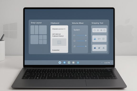 A sleek laptop displays a Windows-like UI with Snap Layout, Clipboard, Volume, and Snipping Tool panels.