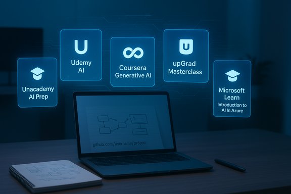 Blue-tinted desk scene with a laptop and floating AI course icons.