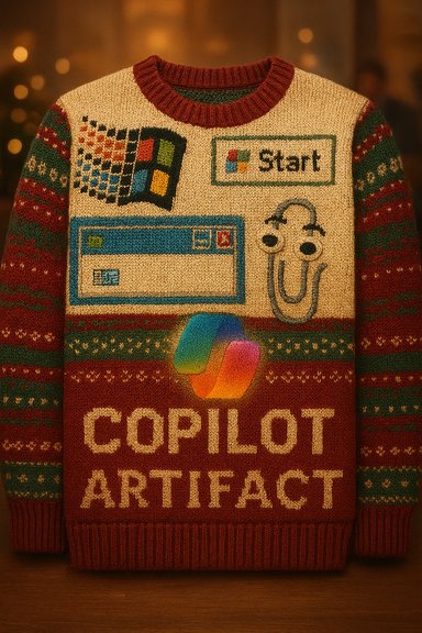 Festive knit sweater featuring retro computer icons and the label “COPILOT ARTIFACT.”