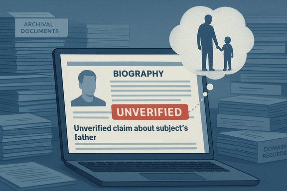 An unverified biography claim displayed on a laptop amid archival documents. An unverified biography claim displayed on a laptop amid archival documents.