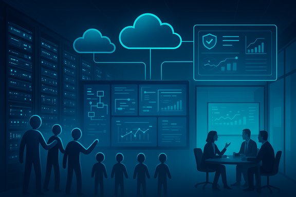 A data center scene with cloud-connected dashboards being analyzed by a team.