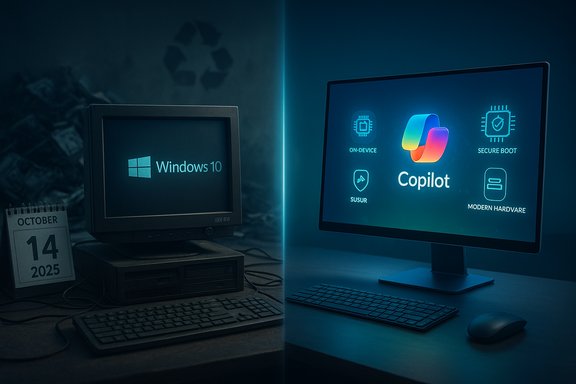 Split-screen contrast: vintage Windows 10 setup on the left and a modern PC with Copilot on the right.