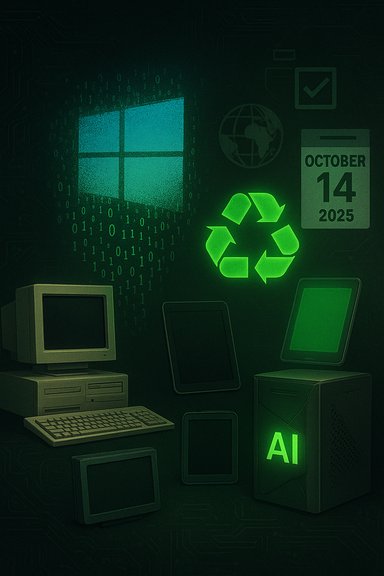 Retro computer setup glows green with AI server, recycling symbol, and October 14, 2025 calendar.