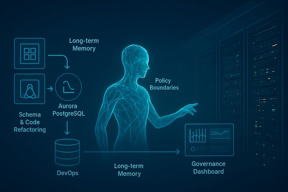 A futuristic data governance diagram showing long-term memory, policy boundaries, and a governance dashboard.