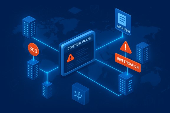 Isometric network map featuring a central control plane, alerts, and a manifest for investigation.