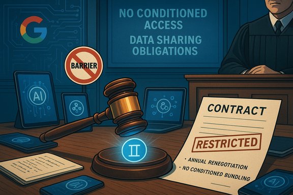 Courtroom scene debating AI data-sharing with a restricted contract and gavel.