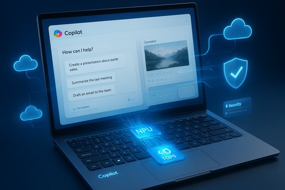 A laptop displays Copilot UI with cloud icons and a glowing NPU/TOPS tile on the keyboard.
