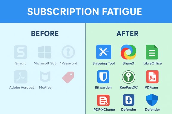 Split-panel infographic titled 'Subscription Fatigue' with faded apps on the left and vibrant tools on the right.
